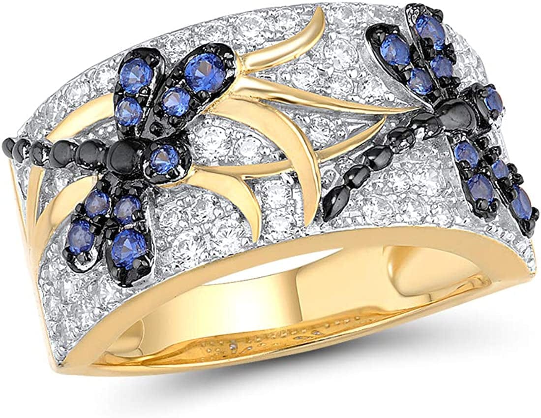 14K Gold Plated Dragonfly Ring Cubic Zirconia 925 Sterling Silver Butterfly Ring (Blue, Dragonfly) / 10