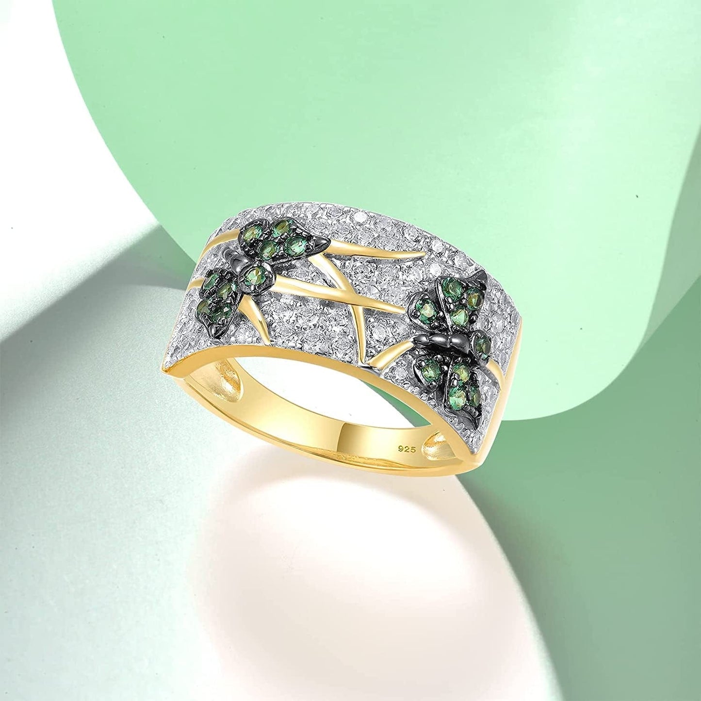 14K Gold Plated Dragonfly Ring Cubic Zirconia 925 Sterling Silver Butterfly Ring