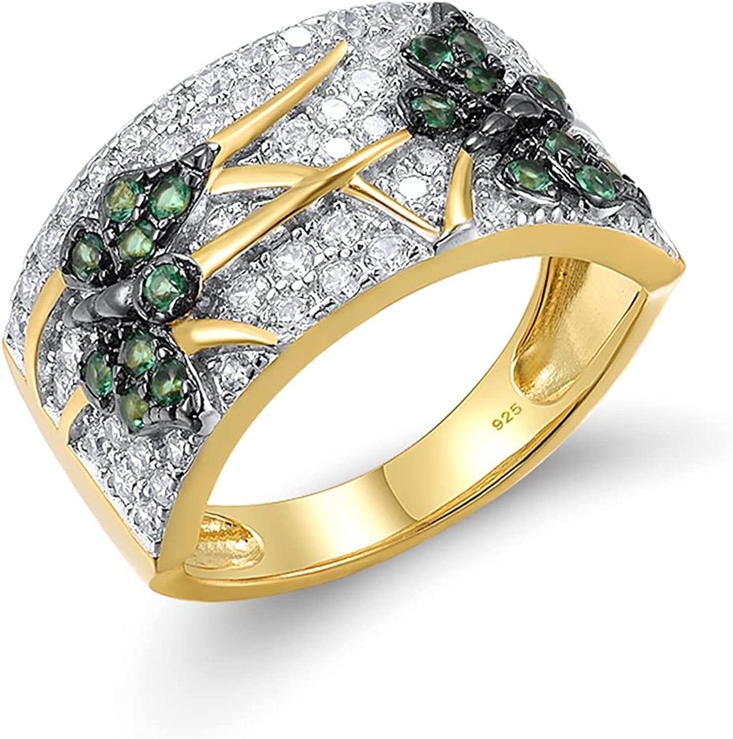 14K Gold Plated Dragonfly Ring Cubic Zirconia 925 Sterling Silver Butterfly Ring (Green, Butterfly) / 6