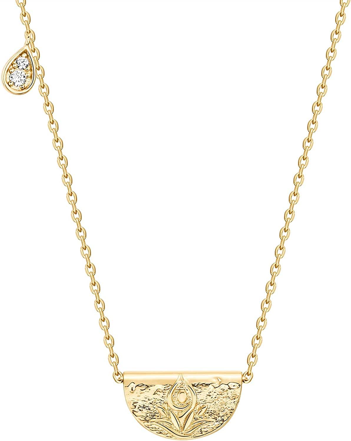 14K Gold Plated Engraved Coin Pendant | Byzantine Coin Necklace | Bohemian Necklace Lotus / Yellow Gold