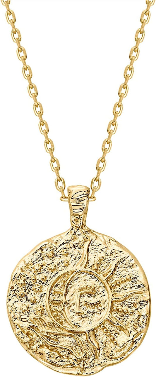 14K Gold Plated Engraved Coin Pendant | Byzantine Coin Necklace | Bohemian Necklace Moon / Yellow Gold