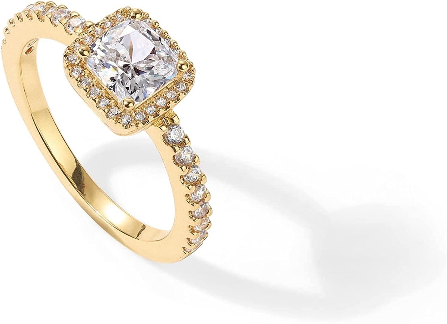 14K Gold Plated Halo Ring | Heart Ring for Women | Square round Promise Rings for Her Yellow Princess / 7