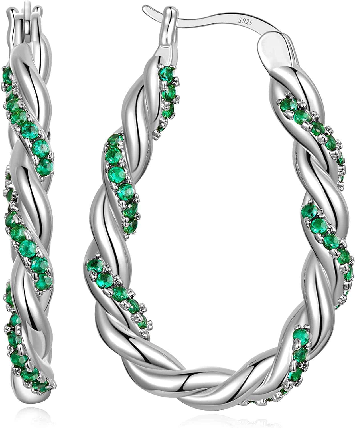 14K Gold Plated Oval Hoop Earrings for Women 925 Sterling Silver Post Twist Huggie Hoop Earrings Hypoallergenic Lightweight Hoop Earrings Jewelry Gifts White-Green CZ