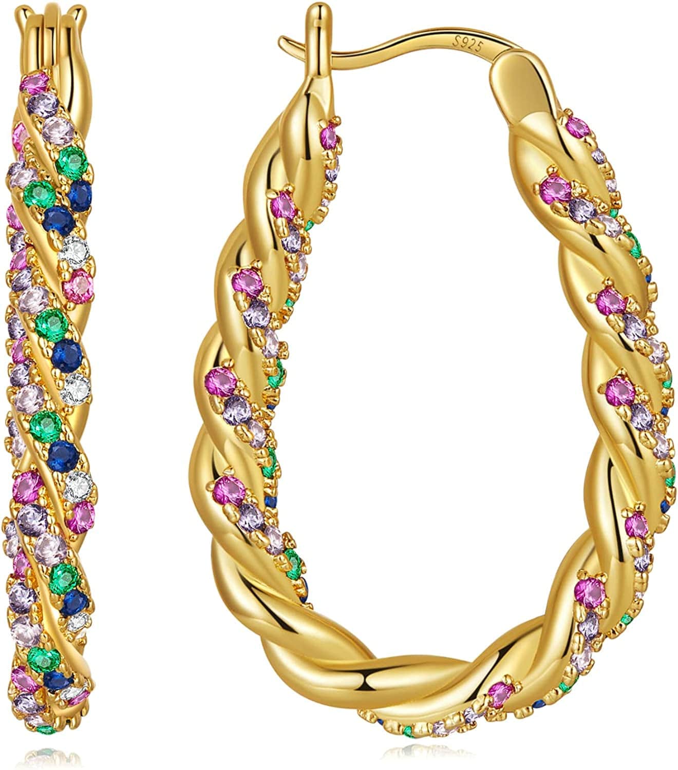 14K Gold Plated Oval Hoop Earrings for Women 925 Sterling Silver Post Twist Huggie Hoop Earrings Hypoallergenic Lightweight Hoop Earrings Jewelry Gifts Gold-Multicolor CZ
