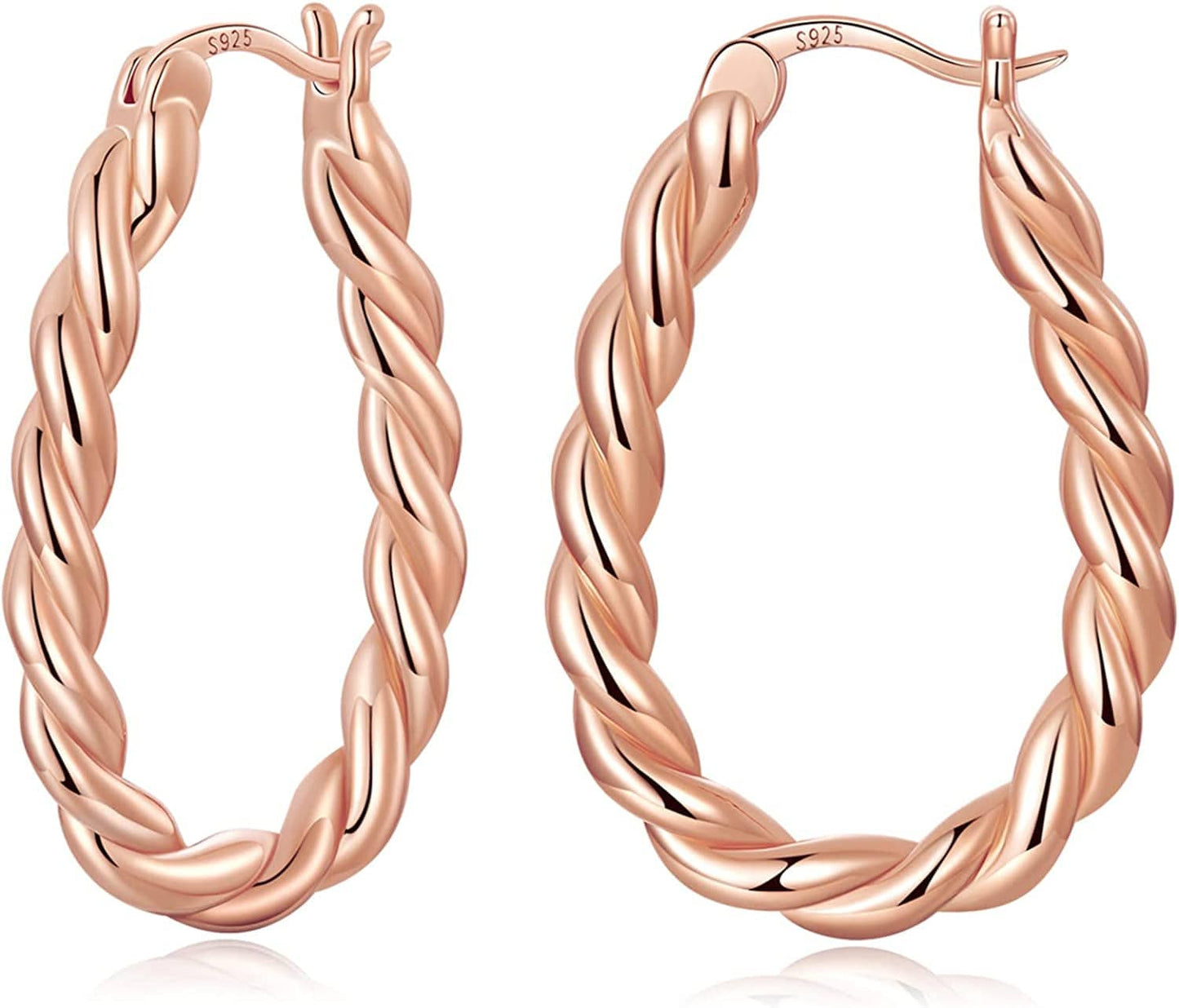 14K Gold Plated Oval Hoop Earrings for Women 925 Sterling Silver Post Twist Huggie Hoop Earrings Hypoallergenic Lightweight Hoop Earrings Jewelry Gifts Rose Gold