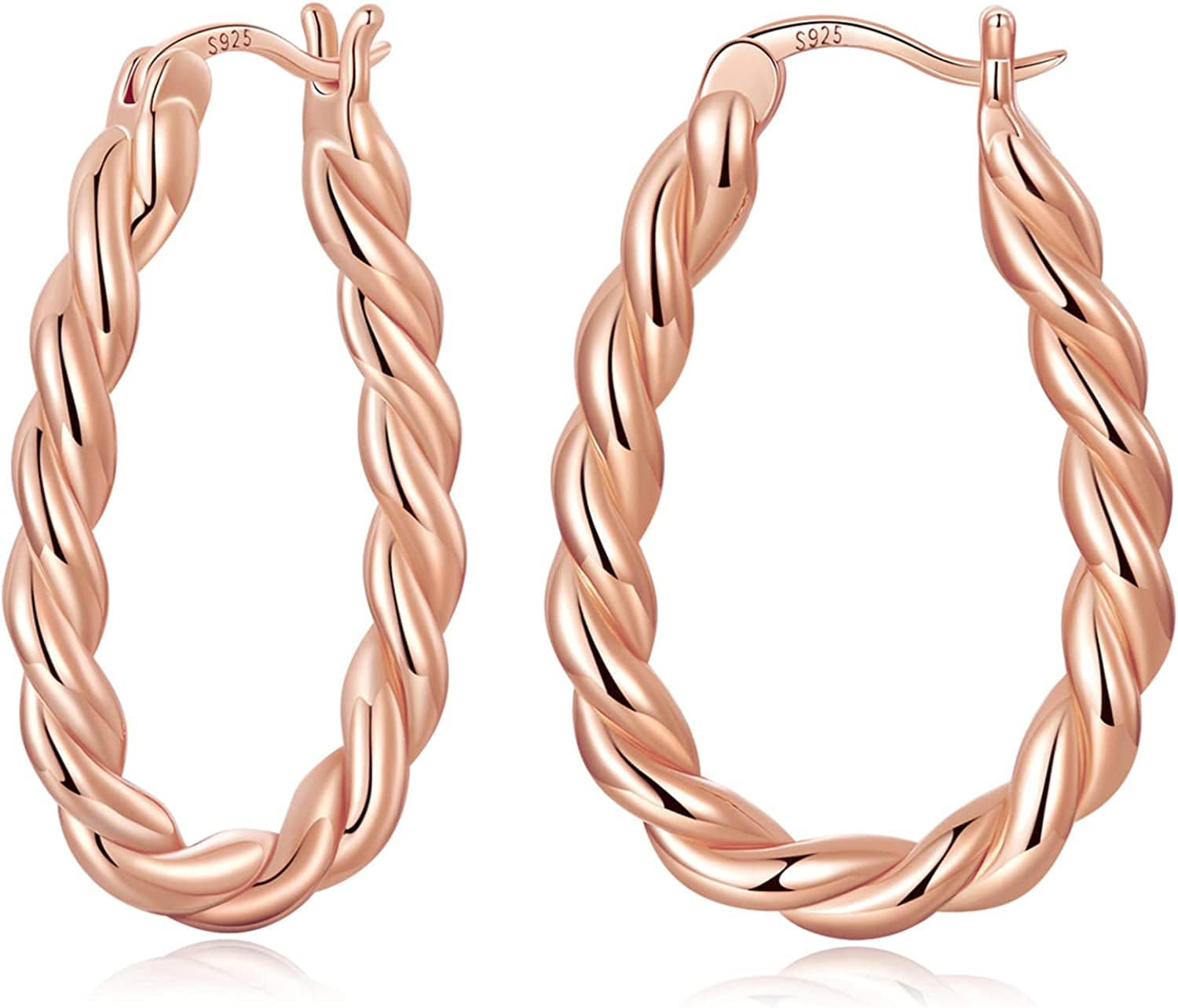 14K Gold Plated Oval Hoop Earrings for Women 925 Sterling Silver Post Twist Huggie Hoop Earrings Hypoallergenic Lightweight Hoop Earrings Jewelry Gifts Rose Gold