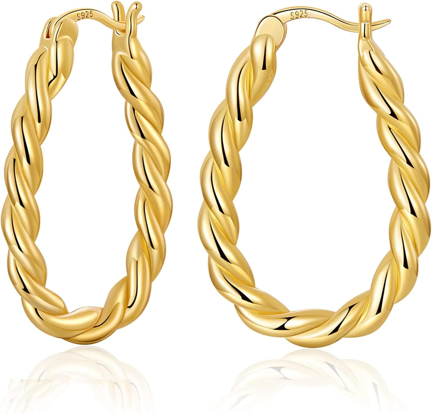 14K Gold Plated Oval Hoop Earrings for Women 925 Sterling Silver Post Twist Huggie Hoop Earrings Hypoallergenic Lightweight Hoop Earrings Jewelry Gifts Gold