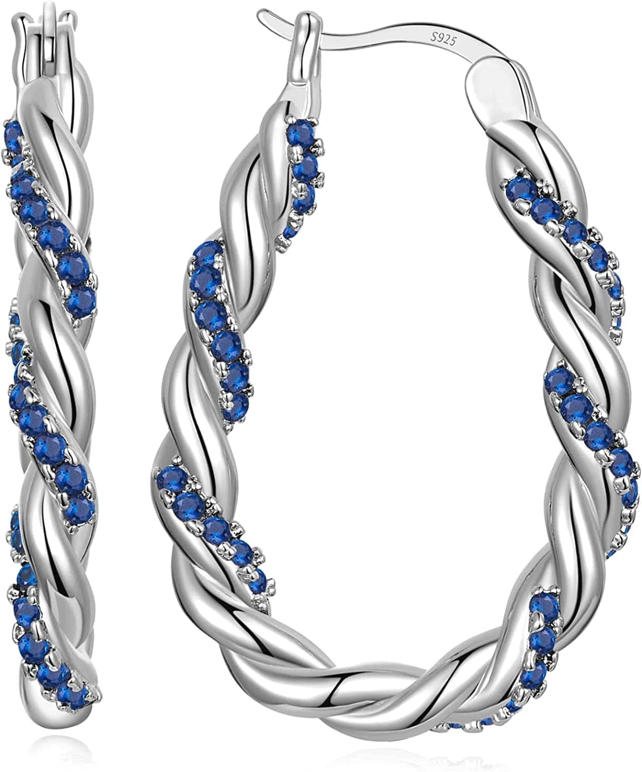 14K Gold Plated Oval Hoop Earrings for Women 925 Sterling Silver Post Twist Huggie Hoop Earrings Hypoallergenic Lightweight Hoop Earrings Jewelry Gifts Whtie-Blue CZ