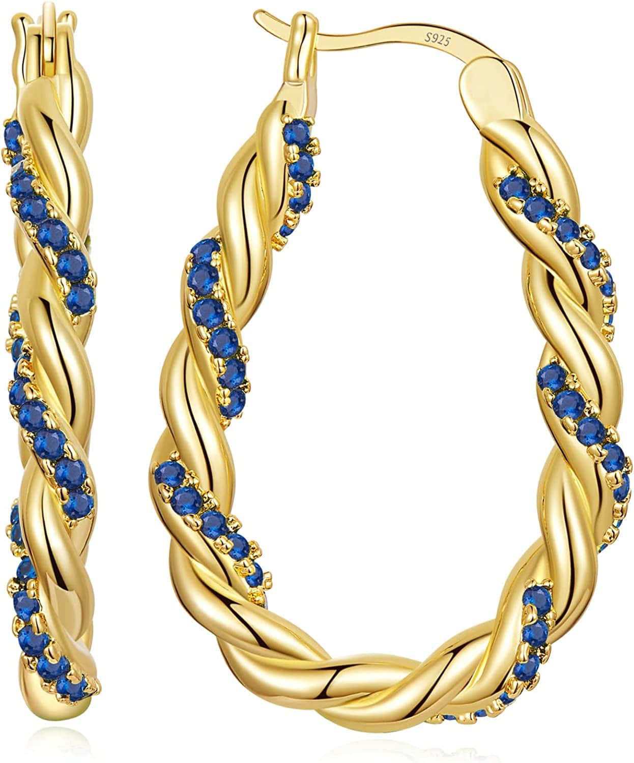 14K Gold Plated Oval Hoop Earrings for Women 925 Sterling Silver Post Twist Huggie Hoop Earrings Hypoallergenic Lightweight Hoop Earrings Jewelry Gifts Gold-Blue CZ