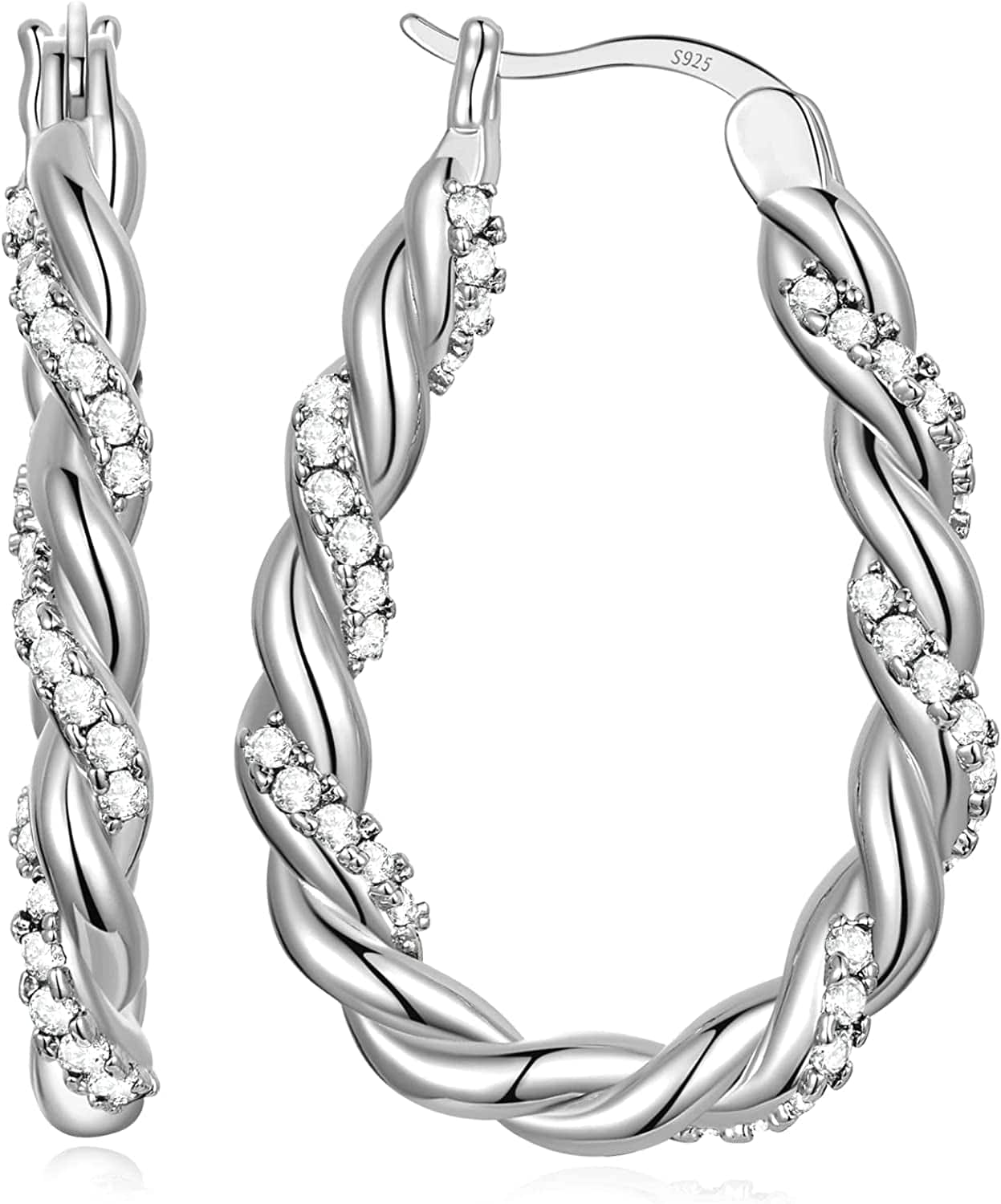 14K Gold Plated Oval Hoop Earrings for Women 925 Sterling Silver Post Twist Huggie Hoop Earrings Hypoallergenic Lightweight Hoop Earrings Jewelry Gifts White-White CZ