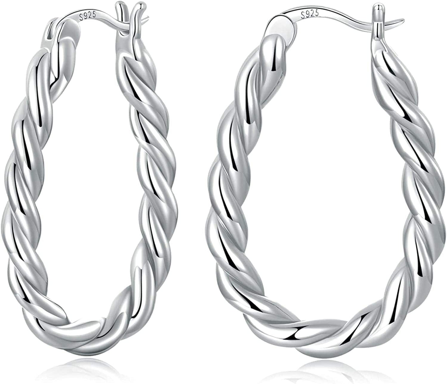 14K Gold Plated Oval Hoop Earrings for Women 925 Sterling Silver Post Twist Huggie Hoop Earrings Hypoallergenic Lightweight Hoop Earrings Jewelry Gifts Silver