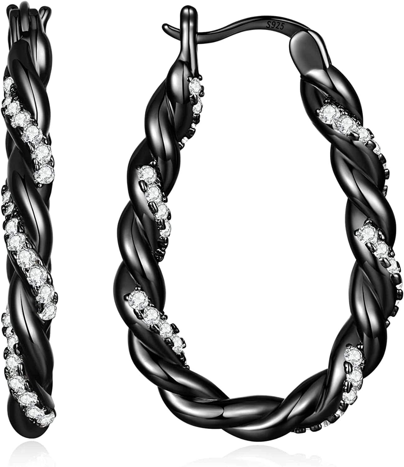 14K Gold Plated Oval Hoop Earrings for Women 925 Sterling Silver Post Twist Huggie Hoop Earrings Hypoallergenic Lightweight Hoop Earrings Jewelry Gifts Black-White CZ