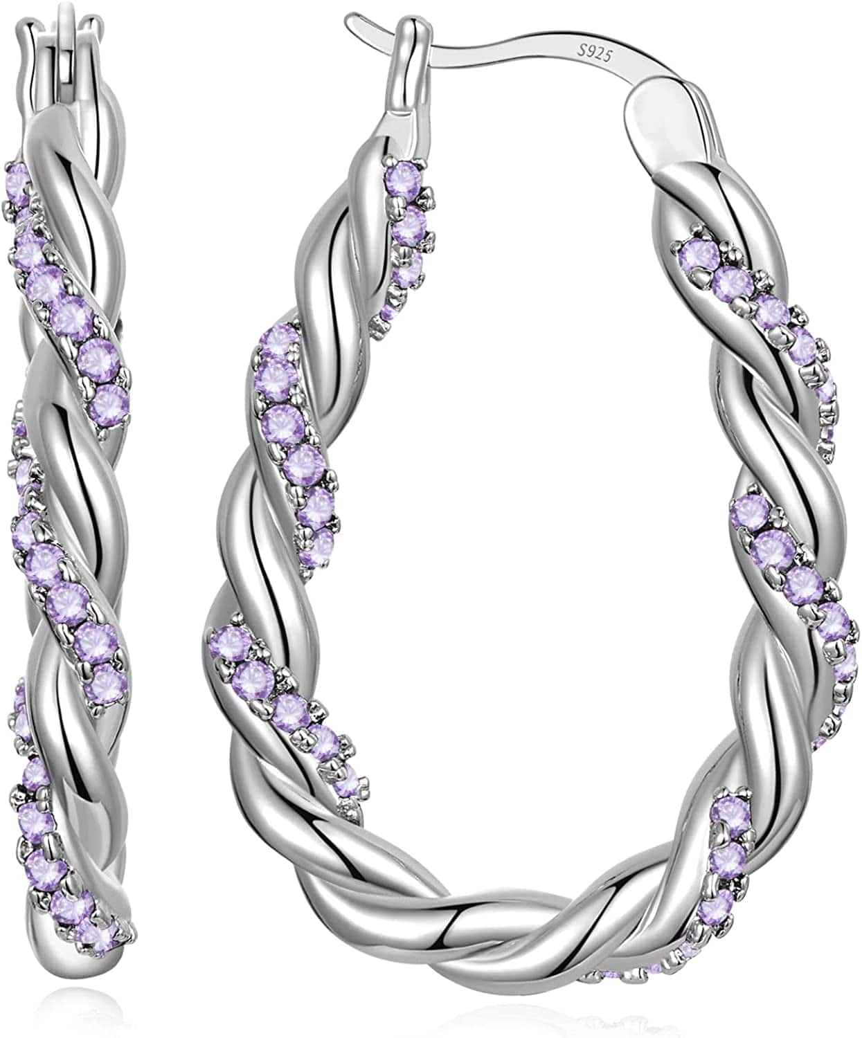 14K Gold Plated Oval Hoop Earrings for Women 925 Sterling Silver Post Twist Huggie Hoop Earrings Hypoallergenic Lightweight Hoop Earrings Jewelry Gifts White-Purple CZ