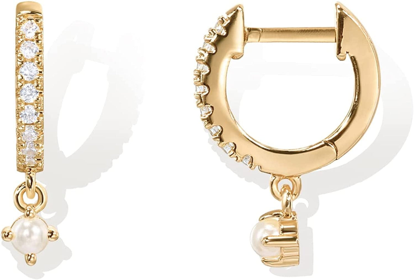 14K Gold Plated S925 Sterling Silver Post BOHO Drop Lightweight/Dangle Huggie Earrings for Women |Bohemian Dainty Earrings Pearl & CZ / Yellow Gold