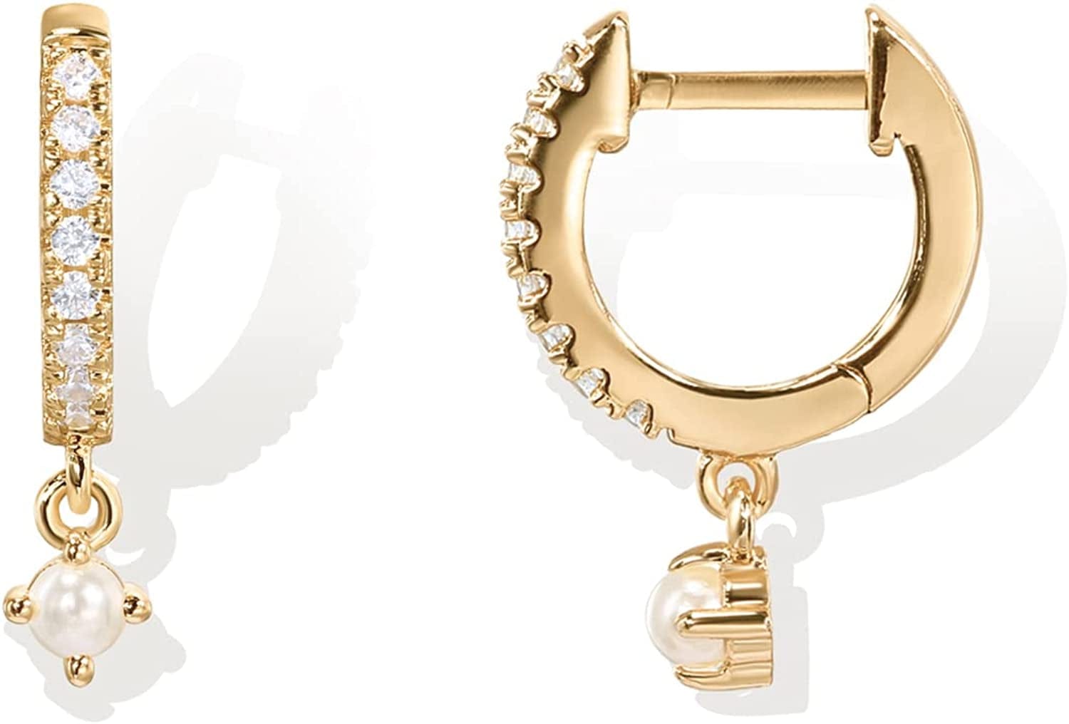 14K Gold Plated S925 Sterling Silver Post BOHO Drop Lightweight/Dangle Huggie Earrings for Women |Bohemian Dainty Earrings Pearl & CZ / Yellow Gold