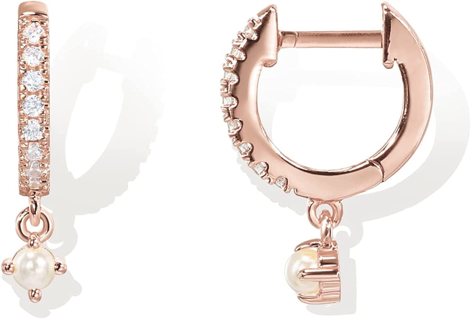 14K Gold Plated S925 Sterling Silver Post BOHO Drop Lightweight/Dangle Huggie Earrings for Women |Bohemian Dainty Earrings Pearl & CZ / Rose Gold