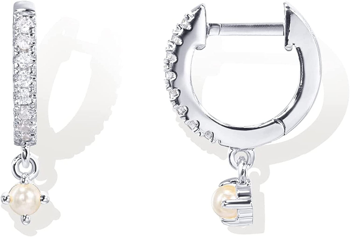 14K Gold Plated S925 Sterling Silver Post BOHO Drop Lightweight/Dangle Huggie Earrings for Women |Bohemian Dainty Earrings Pearl & CZ / White Gold