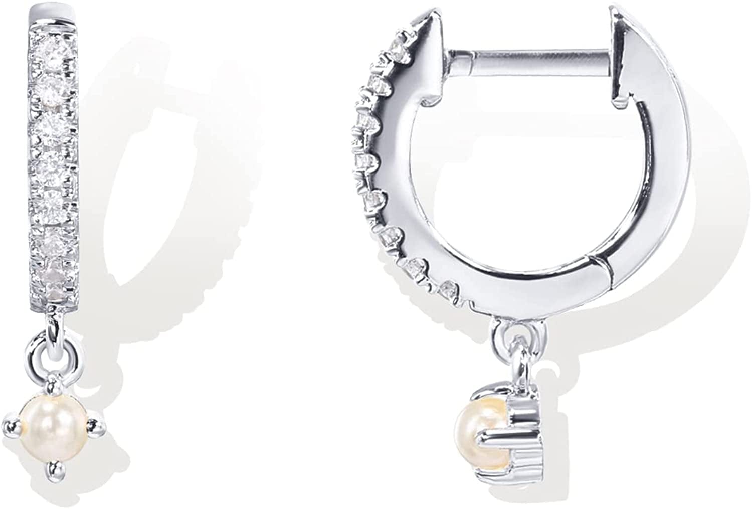 14K Gold Plated S925 Sterling Silver Post BOHO Drop Lightweight/Dangle Huggie Earrings for Women |Bohemian Dainty Earrings Pearl & CZ / White Gold