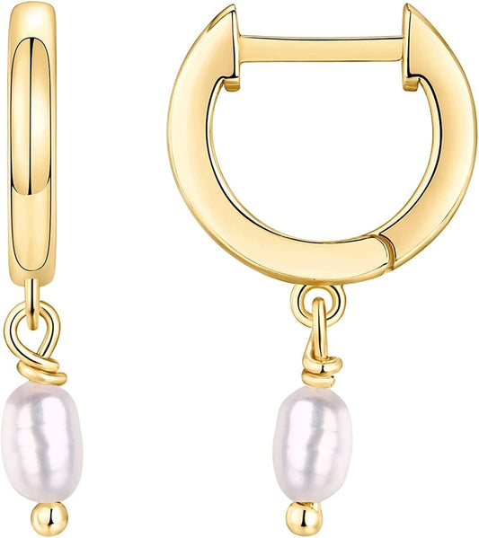 14K Gold Plated S925 Sterling Silver Post BOHO Drop Lightweight/Dangle Huggie Earrings for Women |Bohemian Dainty Earrings Pearl / Yellow Gold