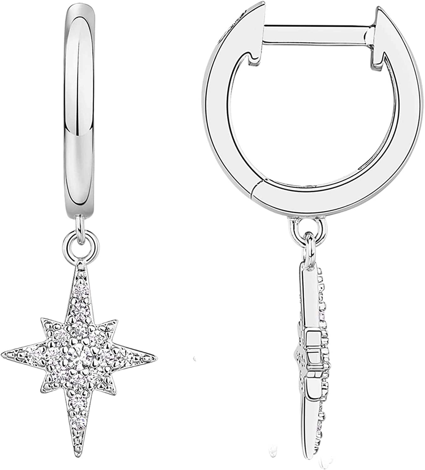 14K Gold Plated S925 Sterling Silver Post Lightweight Drop/Dangle Huggie Earrings for Women | Star, Lock, Butterfly, Moon, Lightning | Dainty Earrings Celestial / White Gold