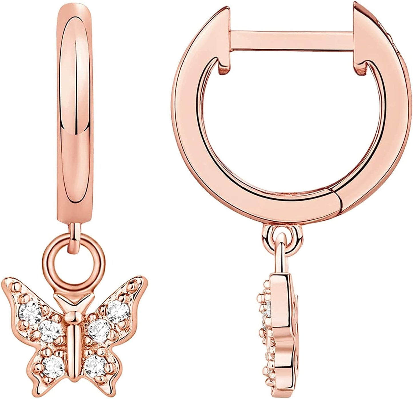 14K Gold Plated S925 Sterling Silver Post Lightweight Drop/Dangle Huggie Earrings for Women | Star, Lock, Butterfly, Moon, Lightning | Dainty Earrings Butterfly / Rose Gold