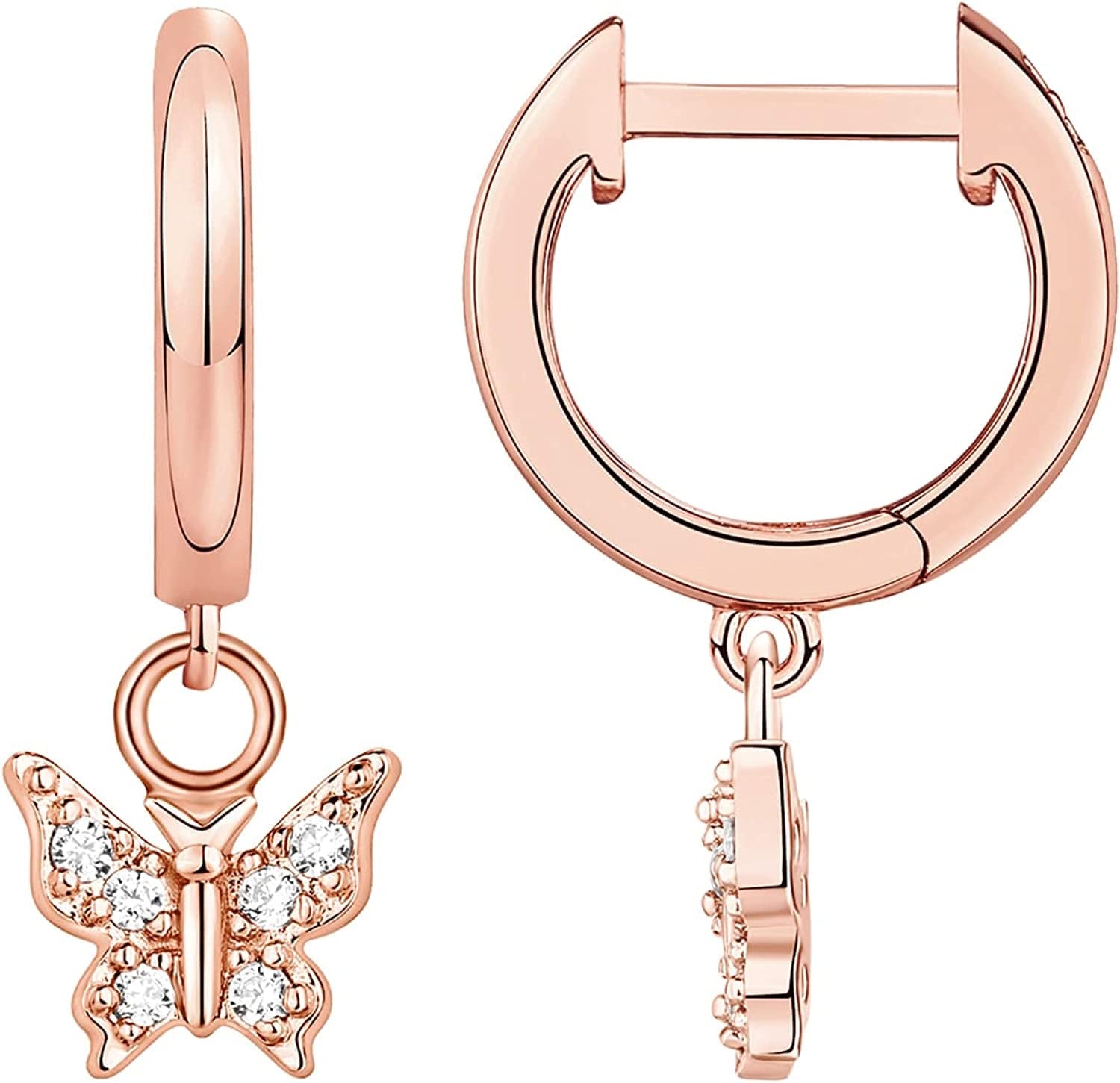 14K Gold Plated S925 Sterling Silver Post Lightweight Drop/Dangle Huggie Earrings for Women | Star, Lock, Butterfly, Moon, Lightning | Dainty Earrings Butterfly / Rose Gold