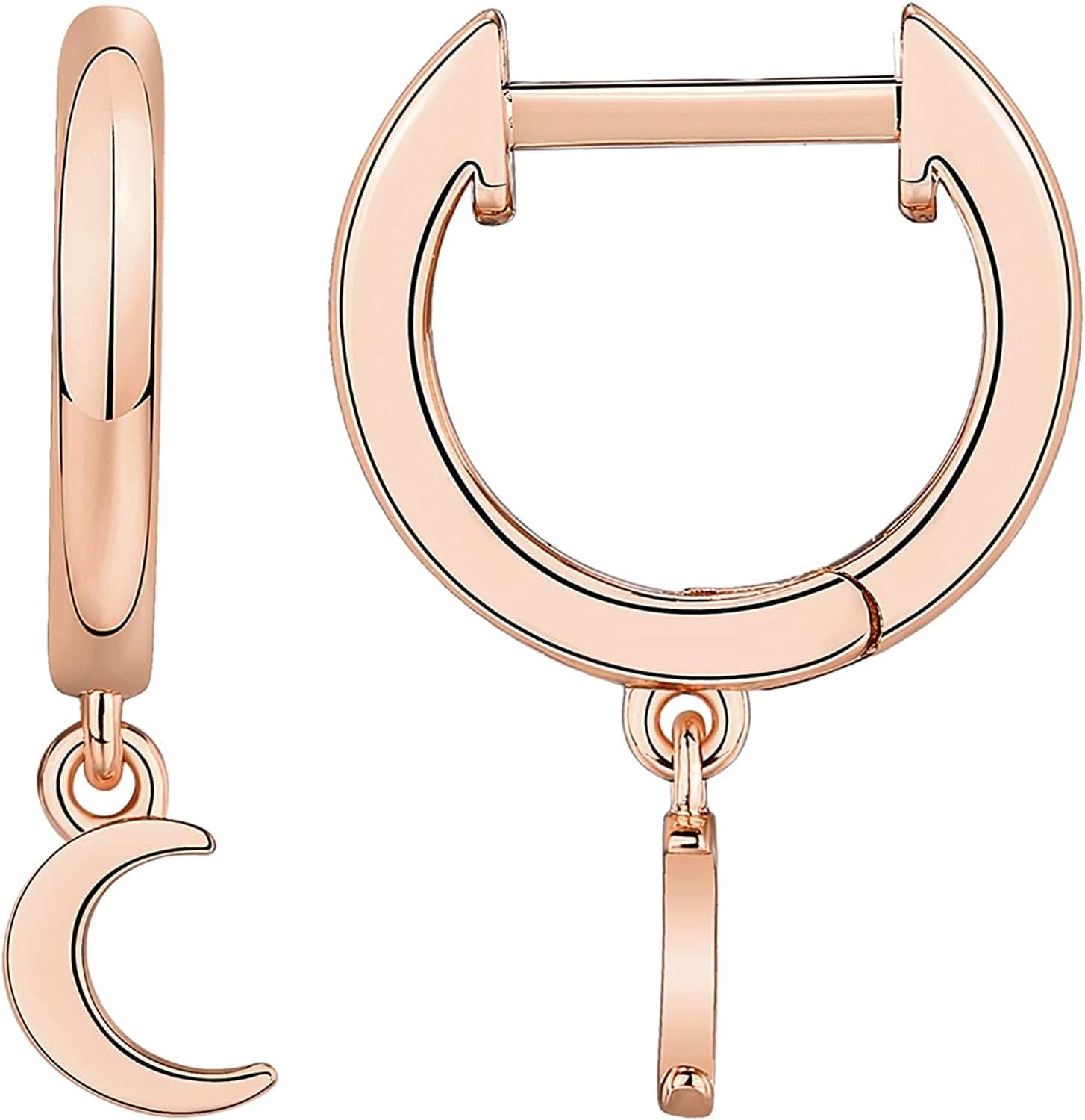 14K Gold Plated S925 Sterling Silver Post Lightweight Drop/Dangle Huggie Earrings for Women | Star, Lock, Butterfly, Moon, Lightning | Dainty Earrings Moon / Rose Gold