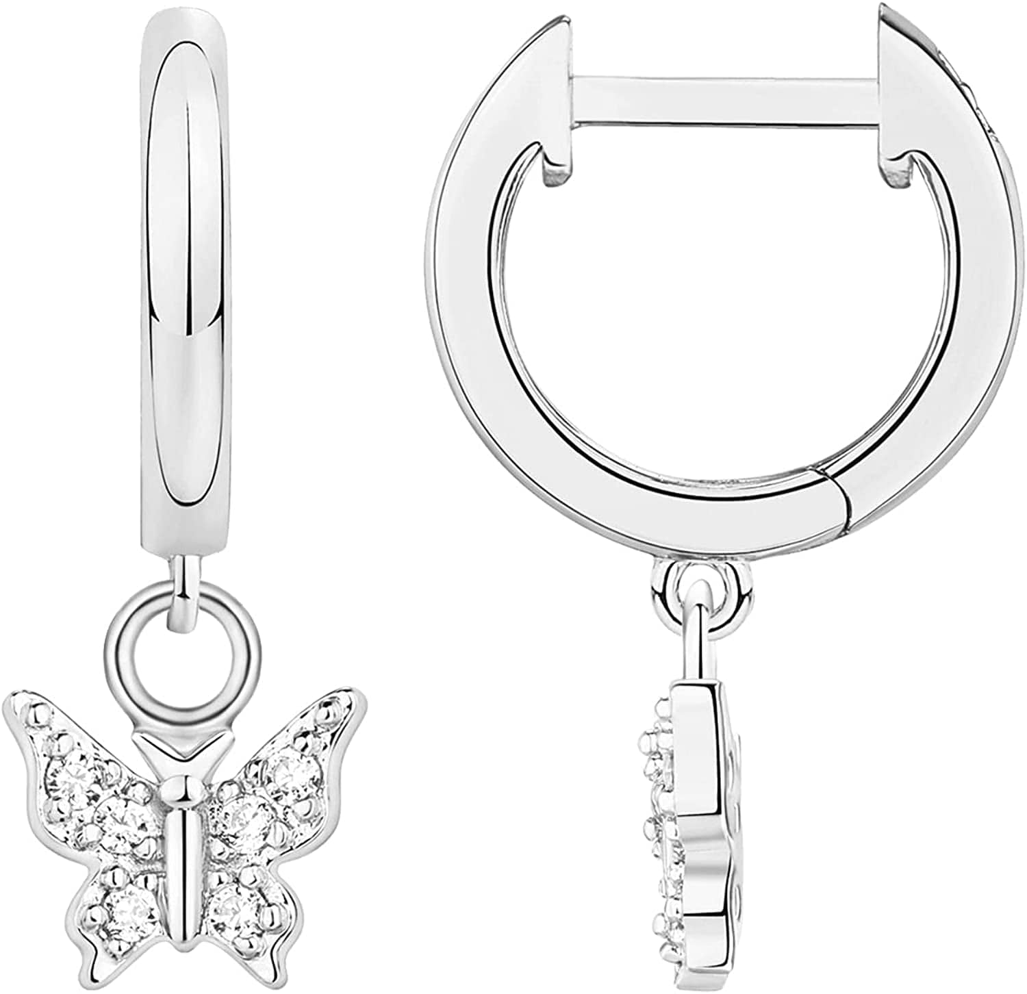 14K Gold Plated S925 Sterling Silver Post Lightweight Drop/Dangle Huggie Earrings for Women | Star, Lock, Butterfly, Moon, Lightning | Dainty Earrings Butterfly / White Gold