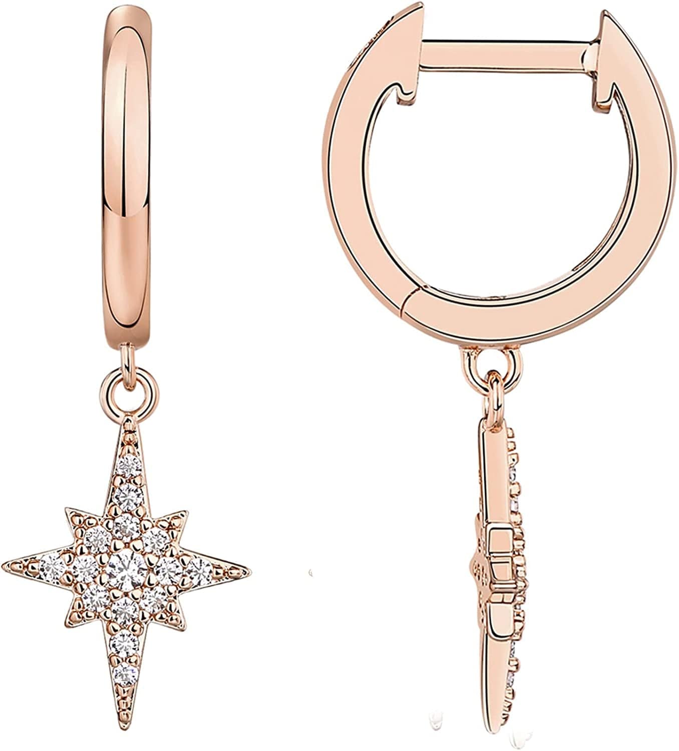 14K Gold Plated S925 Sterling Silver Post Lightweight Drop/Dangle Huggie Earrings for Women | Star, Lock, Butterfly, Moon, Lightning | Dainty Earrings Celestial / Rose Gold