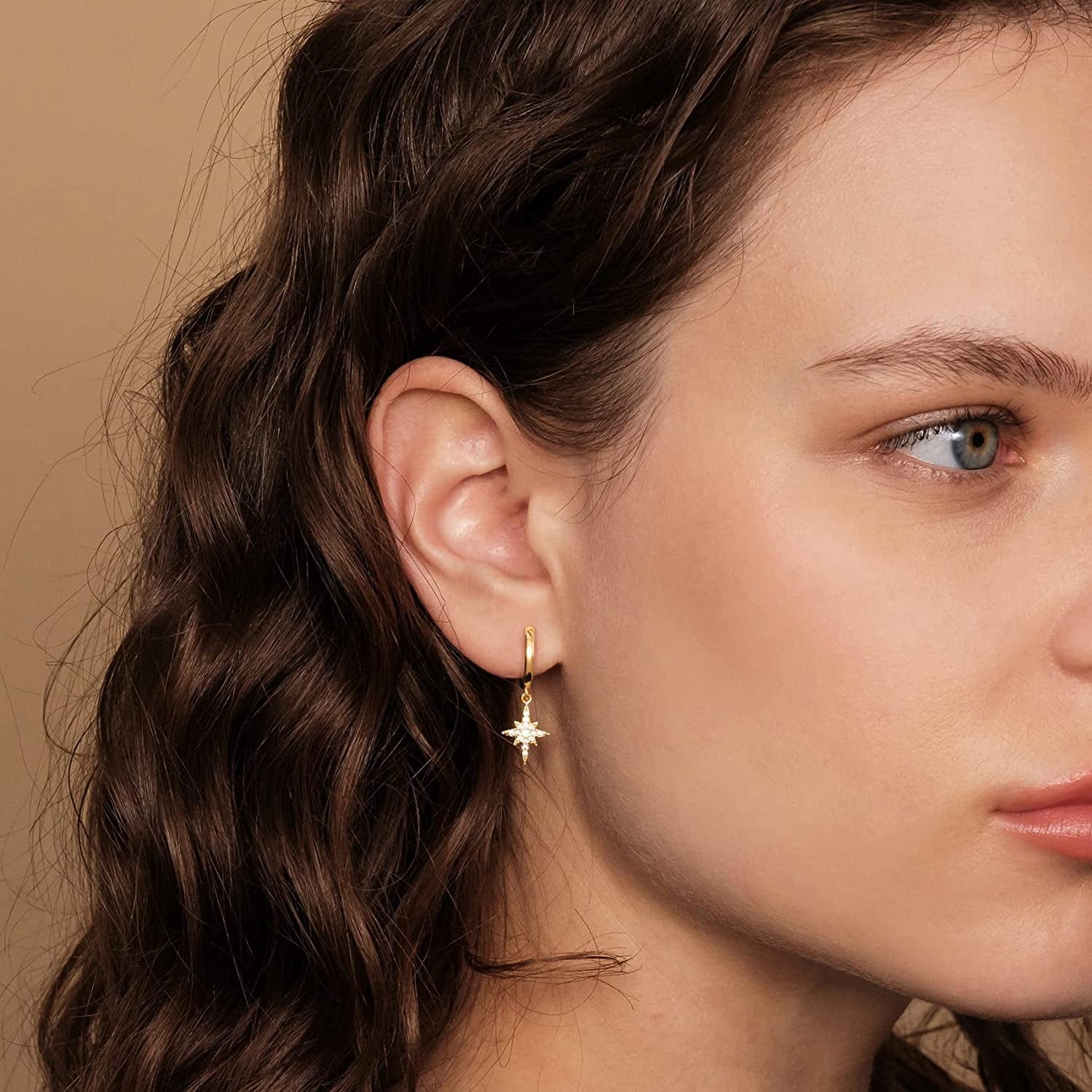 14K Gold Plated S925 Sterling Silver Post Lightweight Drop/Dangle Huggie Earrings for Women | Star, Lock, Butterfly, Moon, Lightning | Dainty Earrings