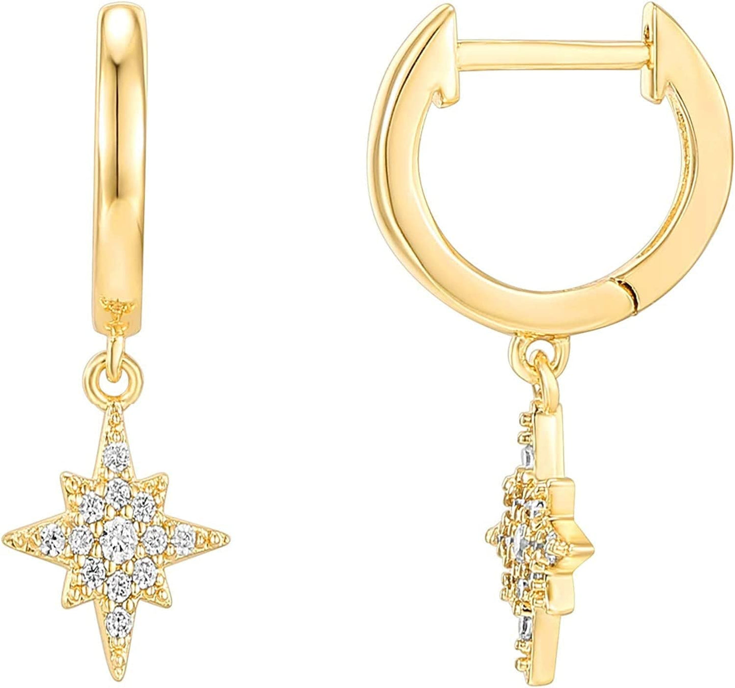 14K Gold Plated S925 Sterling Silver Post Lightweight Drop/Dangle Huggie Earrings for Women | Star, Lock, Butterfly, Moon, Lightning | Dainty Earrings Celestial / Yellow Gold