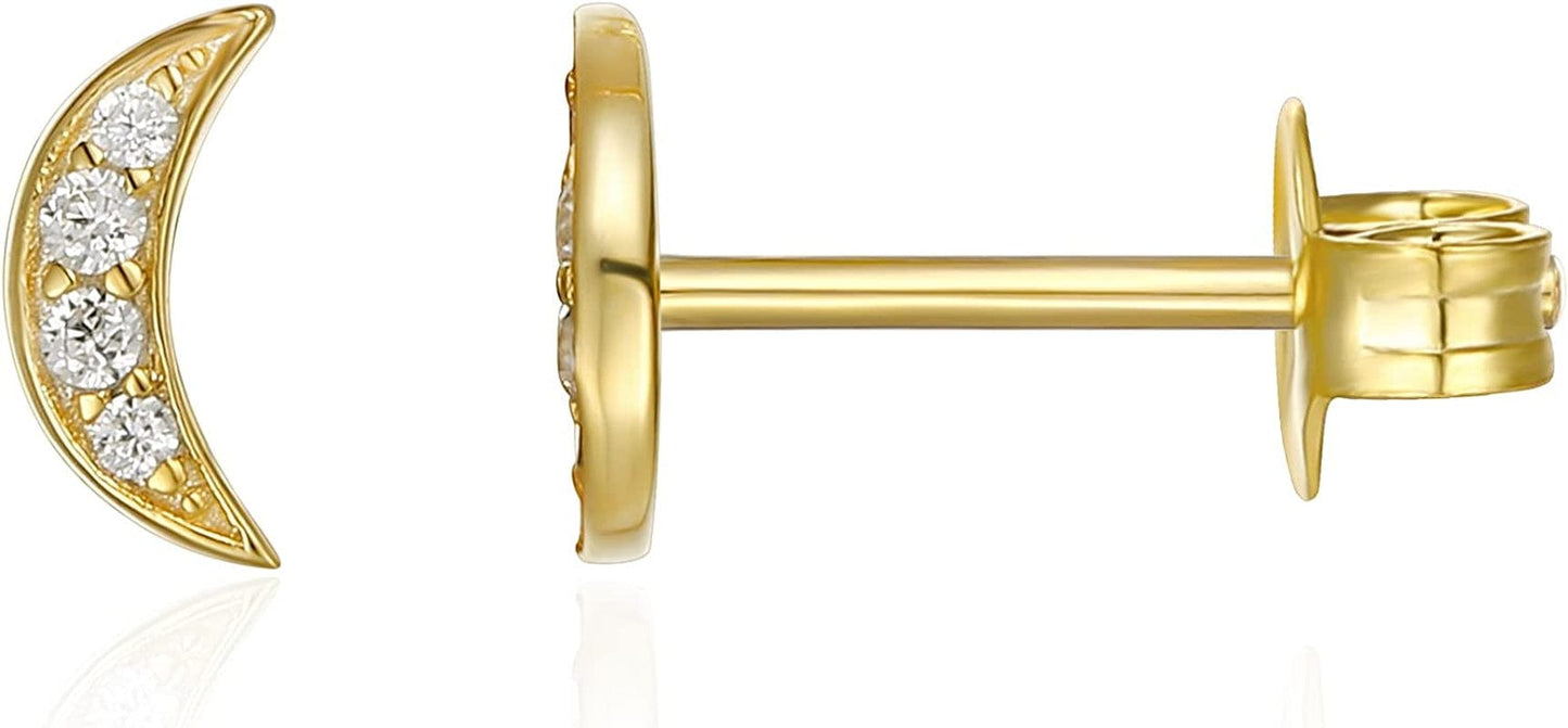 14K Gold Plated Sterling Silver Celestial Lightning Bolt, Moon and Star Earrings | Dainty Earrings for Women Moon / Yellow Gold