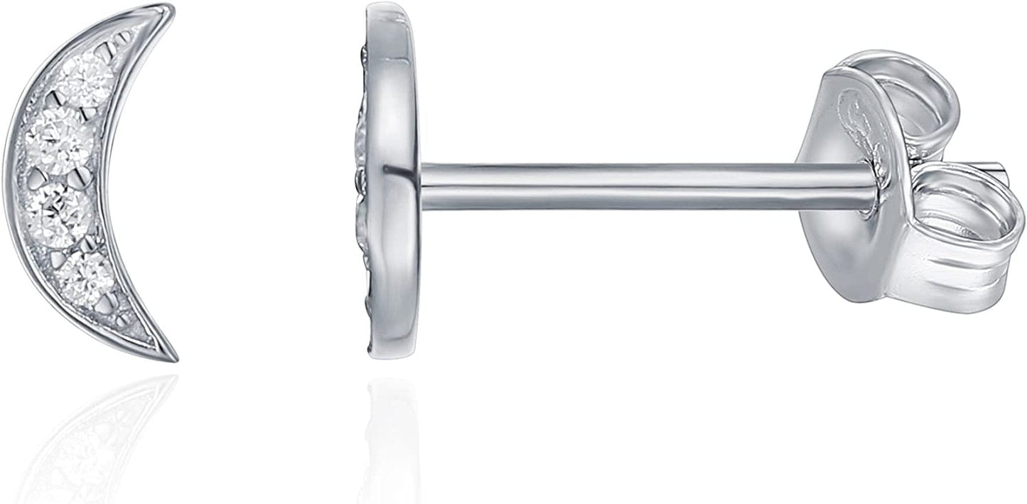 14K Gold Plated Sterling Silver Celestial Lightning Bolt, Moon and Star Earrings | Dainty Earrings for Women Moon / White Gold