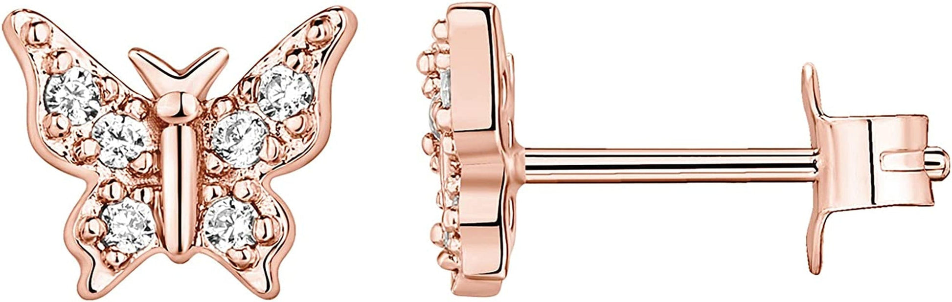 14K Gold Plated Sterling Silver Celestial Lightning Bolt, Moon and Star Earrings | Dainty Earrings for Women Butterfly / Rose Gold