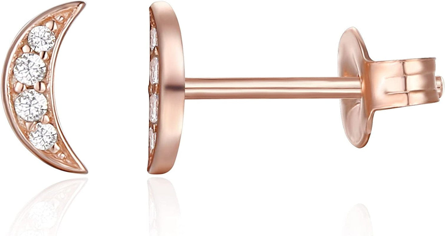 14K Gold Plated Sterling Silver Celestial Lightning Bolt, Moon and Star Earrings | Dainty Earrings for Women Moon / Rose Gold