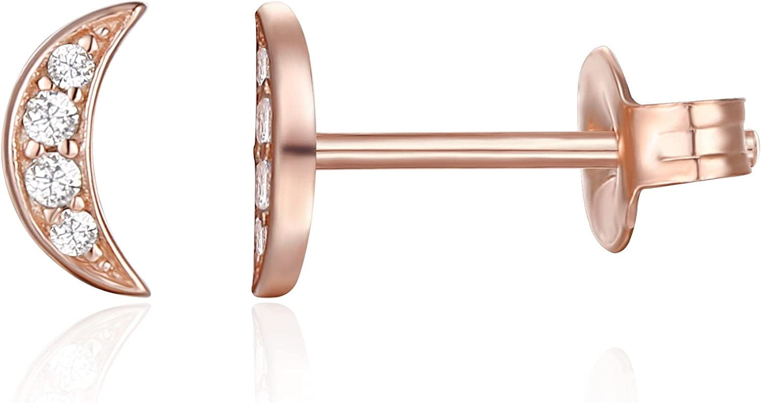 14K Gold Plated Sterling Silver Celestial Lightning Bolt, Moon and Star Earrings | Dainty Earrings for Women Moon / Rose Gold