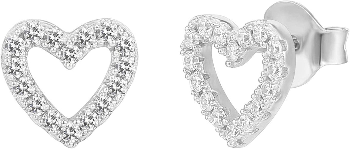 14K Gold Plated Sterling Silver Celestial Lightning Bolt, Moon and Star Earrings | Dainty Earrings for Women Heart Outline / White Gold