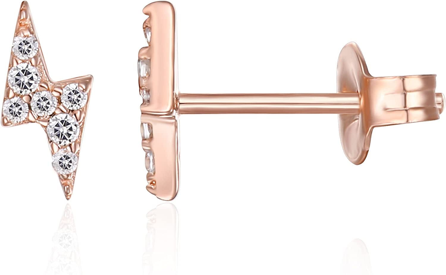 14K Gold Plated Sterling Silver Celestial Lightning Bolt, Moon and Star Earrings | Dainty Earrings for Women Lightning / Rose Gold