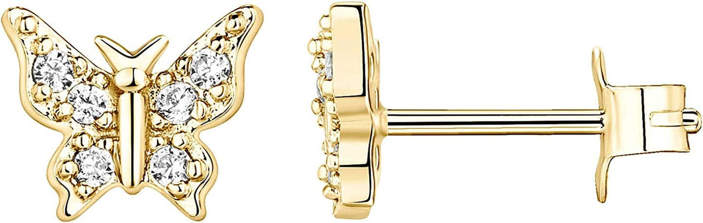 14K Gold Plated Sterling Silver Celestial Lightning Bolt, Moon and Star Earrings | Dainty Earrings for Women Butterfly / Yellow Gold