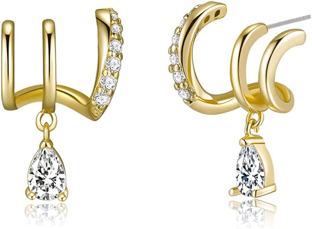 14K Gold Plated Triple Huggie Illusion Stud Earrings | Double Huggie Hoop Earrings for One Hole | Gold Hoop Earrings for Women Triple Huggie Stud Earrings B