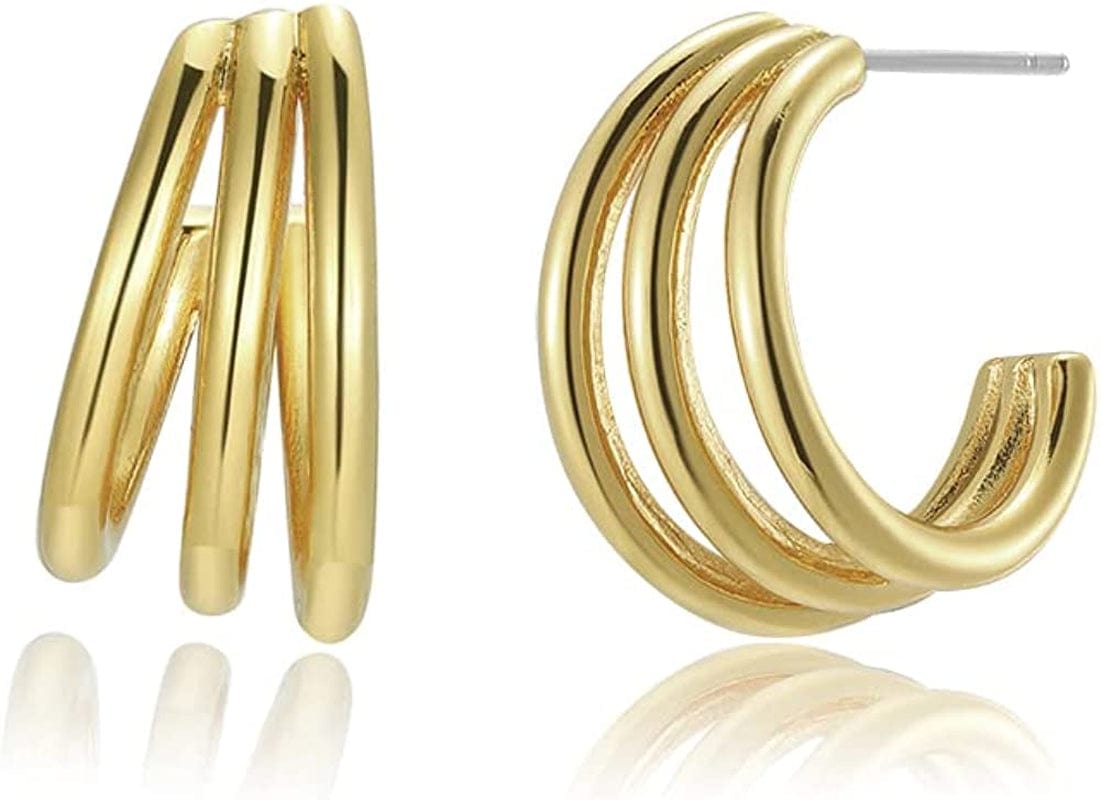 14K Gold Plated Triple Huggie Illusion Stud Earrings | Double Huggie Hoop Earrings for One Hole | Gold Hoop Earrings for Women Triple Hoop Earrings