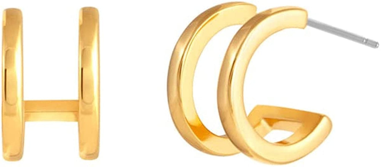 14K Gold Plated Triple Huggie Illusion Stud Earrings | Double Huggie Hoop Earrings for One Hole | Gold Hoop Earrings for Women Double Huggies B