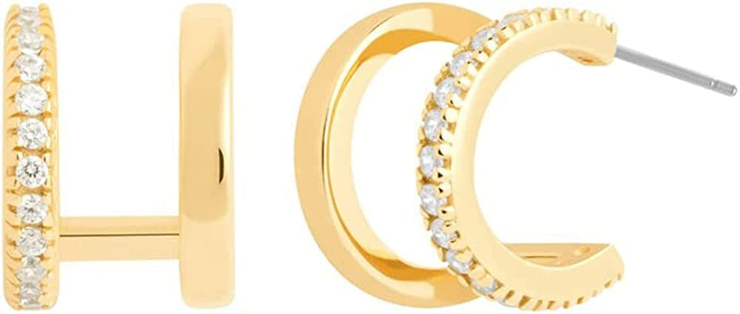 14K Gold Plated Triple Huggie Illusion Stud Earrings | Double Huggie Hoop Earrings for One Hole | Gold Hoop Earrings for Women Double Huggies A