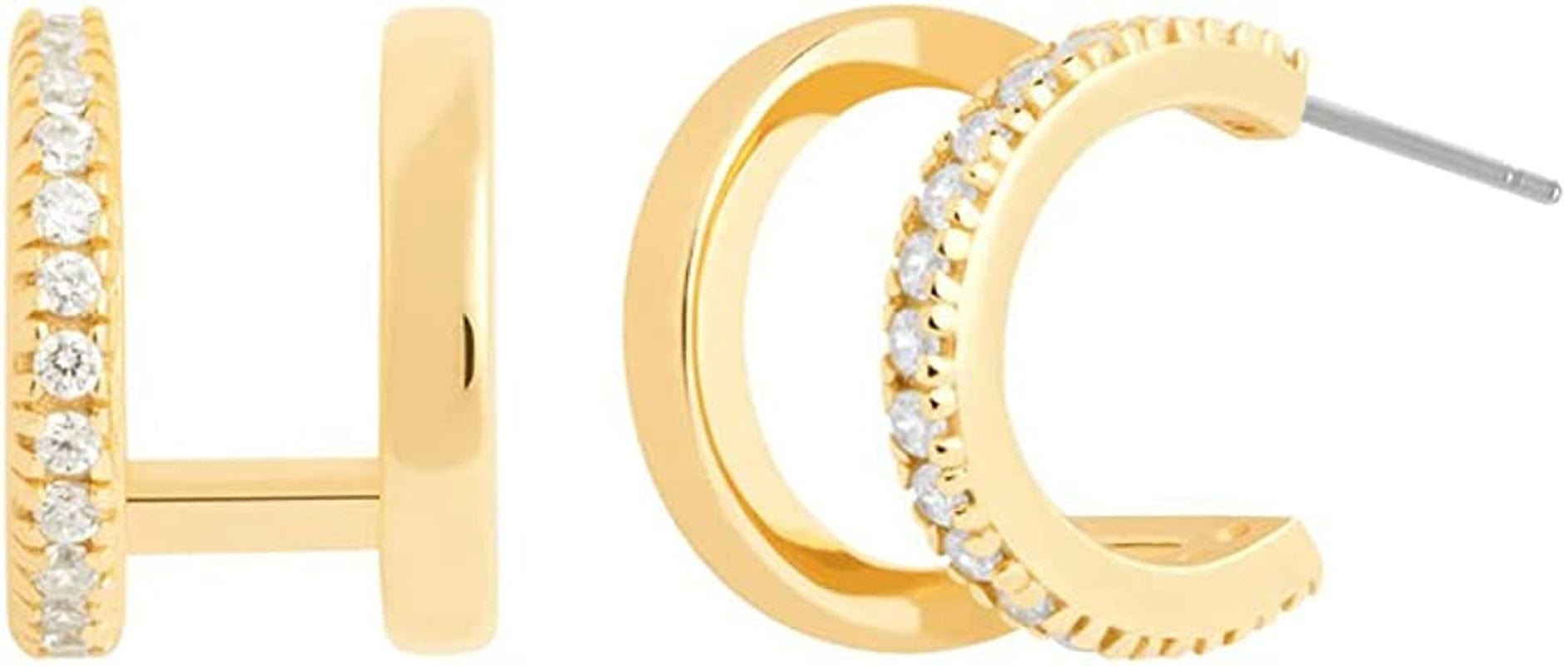 14K Gold Plated Triple Huggie Illusion Stud Earrings | Double Huggie Hoop Earrings for One Hole | Gold Hoop Earrings for Women Double Huggies A