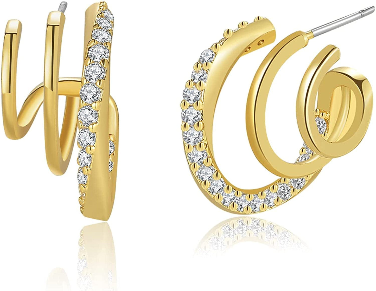 14K Gold Plated Triple Huggie Illusion Stud Earrings | Double Huggie Hoop Earrings for One Hole | Gold Hoop Earrings for Women Triple Round Hoop Earrings