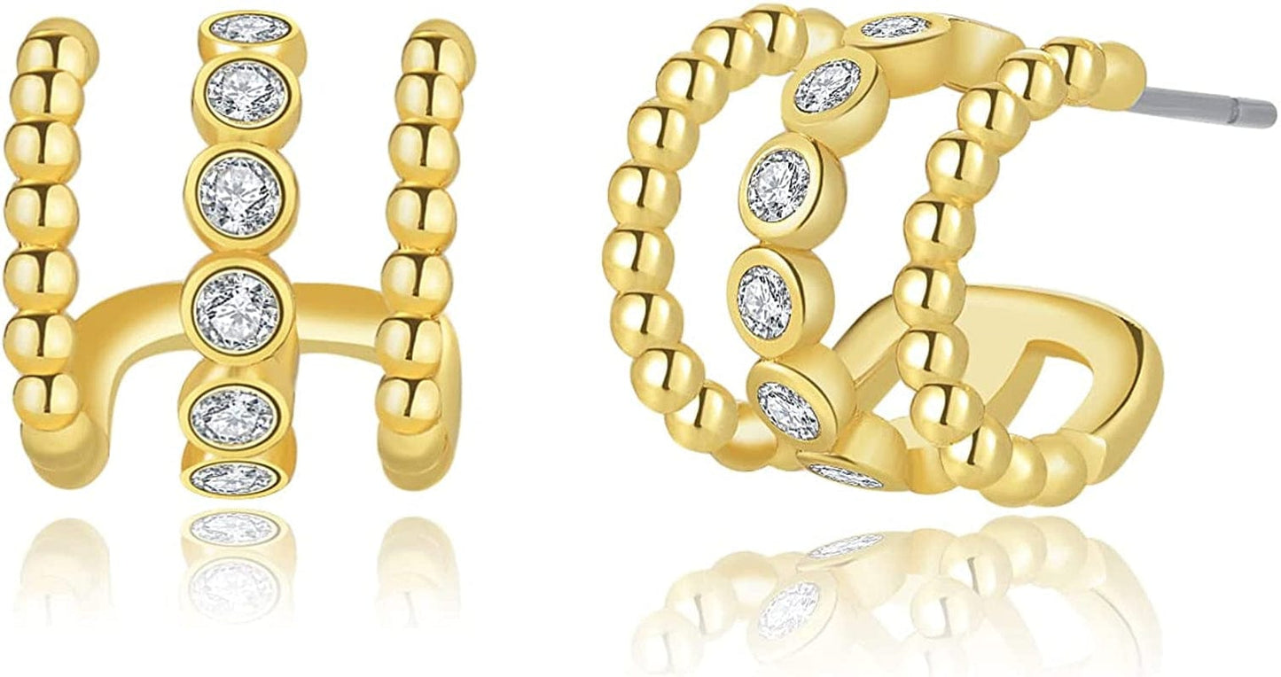 14K Gold Plated Triple Huggie Illusion Stud Earrings | Double Huggie Hoop Earrings for One Hole | Gold Hoop Earrings for Women Plated Gold