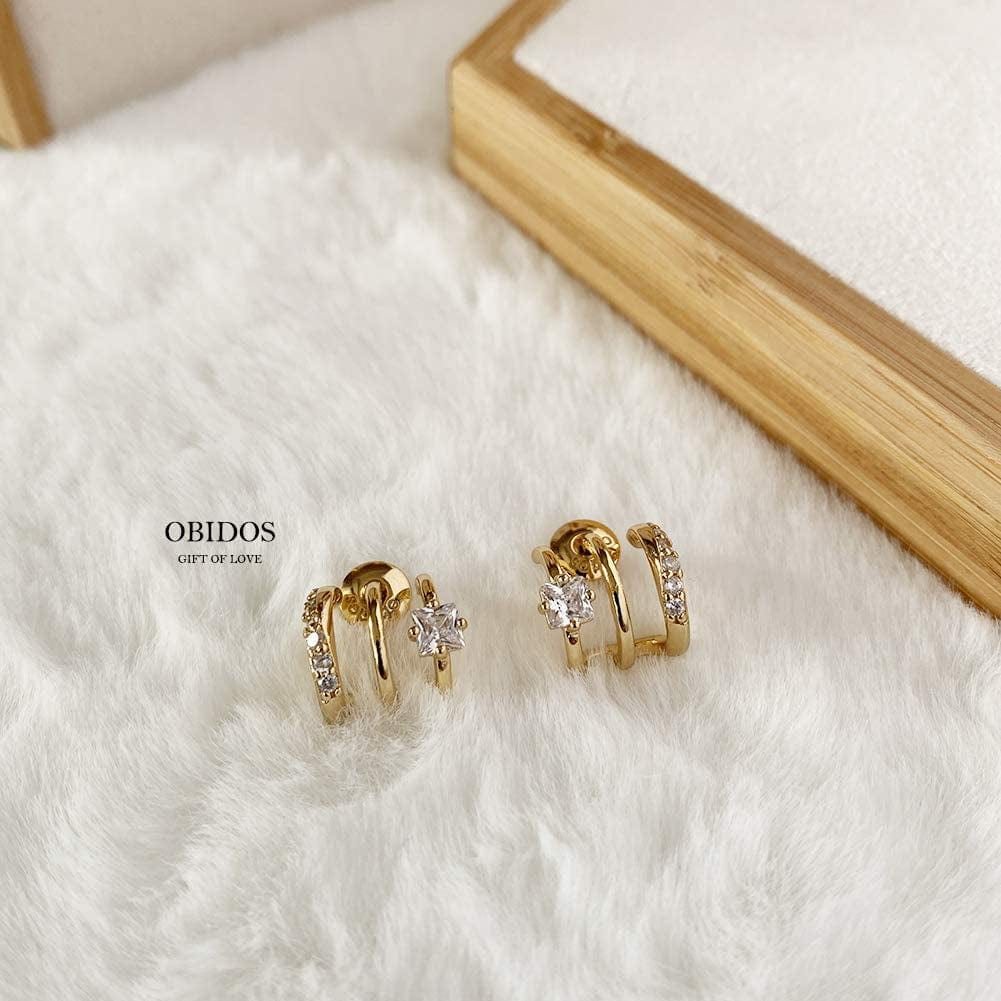 14K Gold Plated Triple Huggie Illusion Stud Earrings | Double Huggie Hoop Earrings for One Hole | Gold Hoop Earrings for Women
