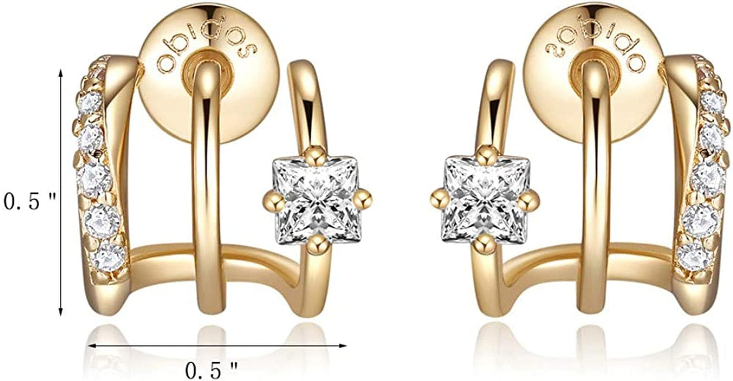 14K Gold Plated Triple Huggie Illusion Stud Earrings | Double Huggie Hoop Earrings for One Hole | Gold Hoop Earrings for Women