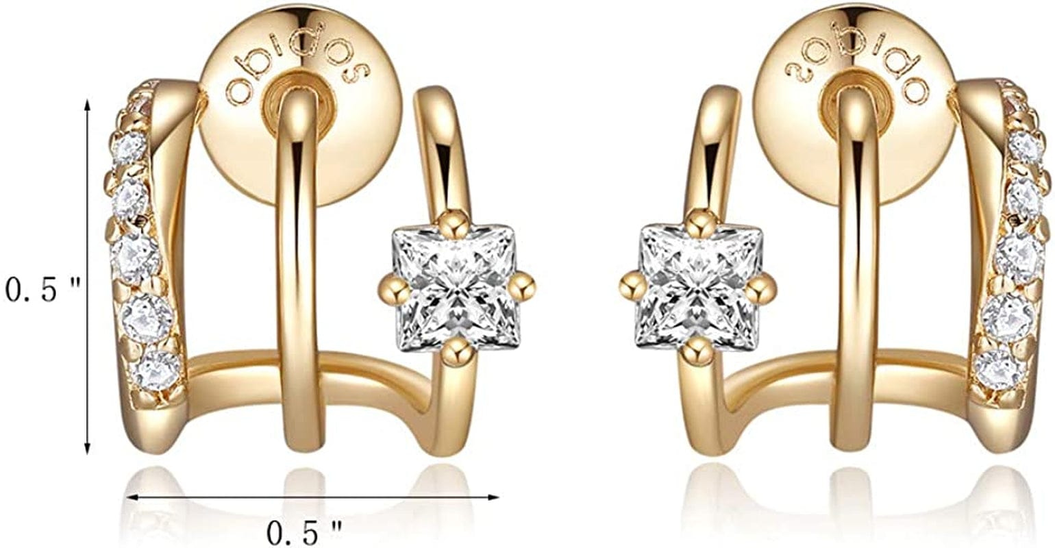 14K Gold Plated Triple Huggie Illusion Stud Earrings | Double Huggie Hoop Earrings for One Hole | Gold Hoop Earrings for Women