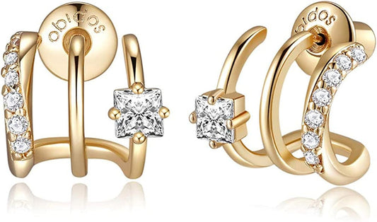 14K Gold Plated Triple Huggie Illusion Stud Earrings | Double Huggie Hoop Earrings for One Hole | Gold Hoop Earrings for Women Triple Huggie Stud Earrings A